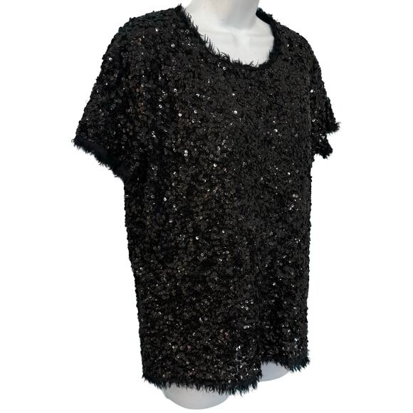 Gryphon Anthropologie Black Sequin Cap Sleeve Round Neck Shirt Top Size S Glam - Picture 8 of 9